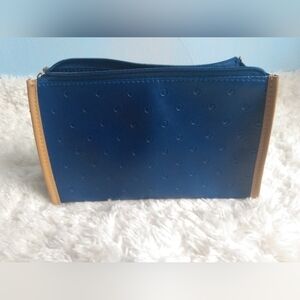 EUC Estee Lauder faux leather blue and tan zipper cosmetic bag